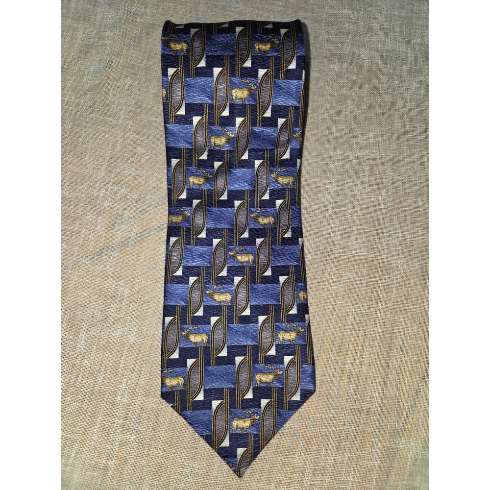 Johnson Brothers Mens Silk Tie Blue Geometric Gold Elk Deer Pattern Made in USA